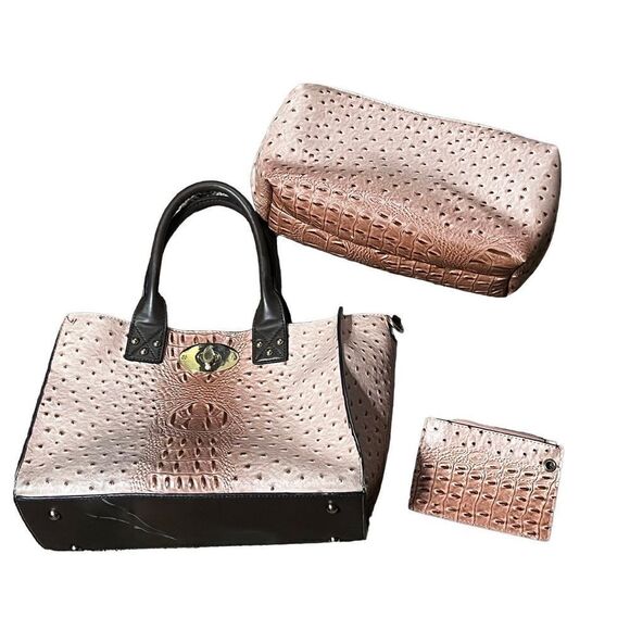 Leather Faux Ostrich Tote Bag Purse Make up Travel 3pc Set Punk and Brown - Picture 6 of 8